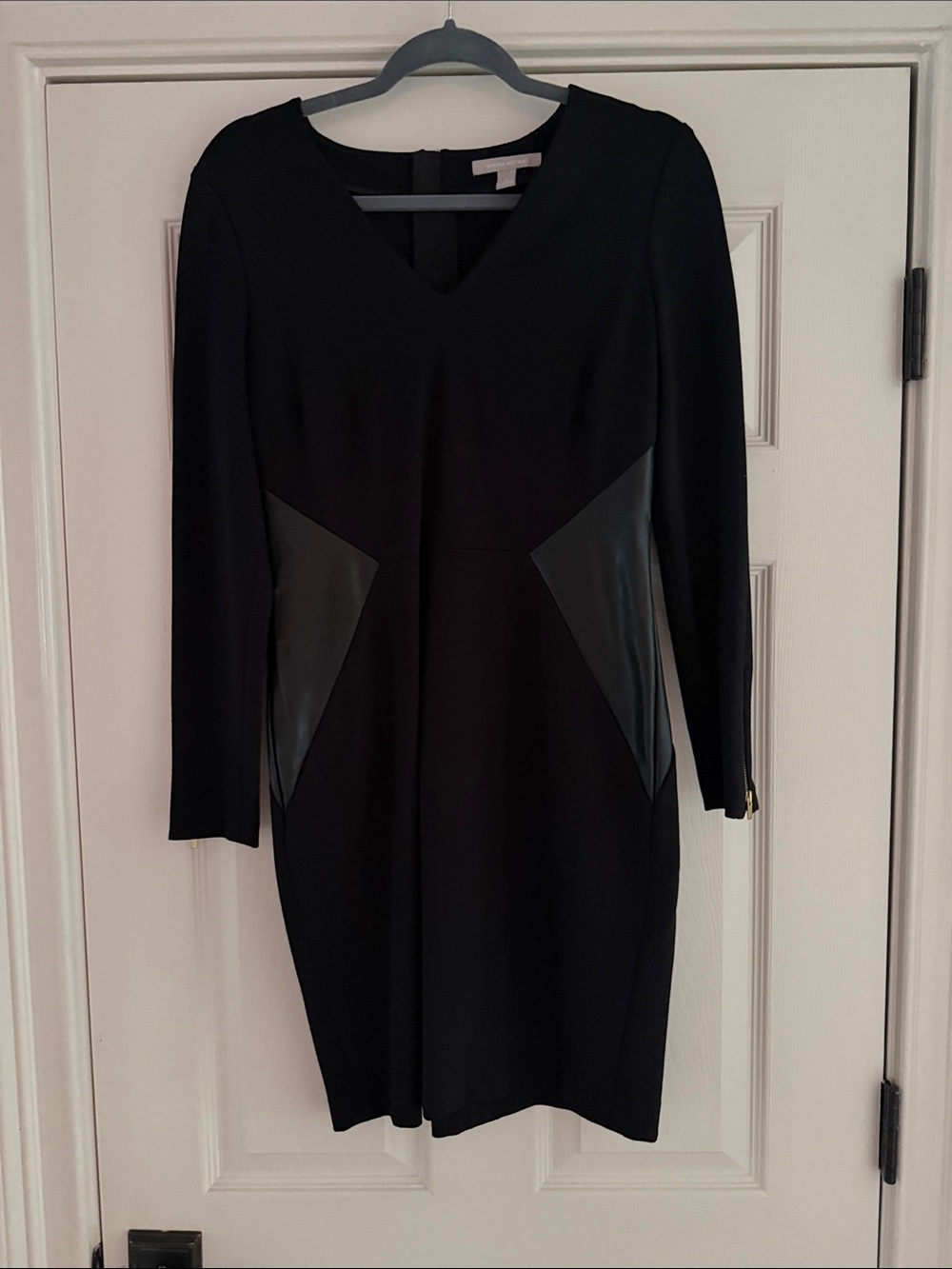 Banana Republic Black Long-Sleeve V-Neck Dress with Faux Leather Insets